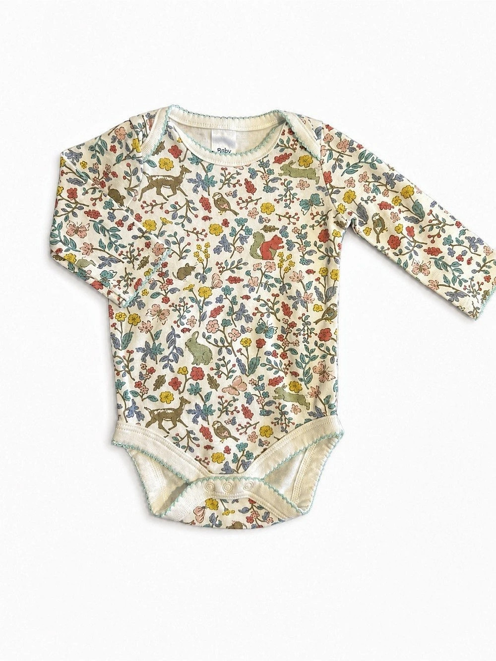 Baby Boden 0-3M Woodland Animals Floral Long Sleeve Bodysuit